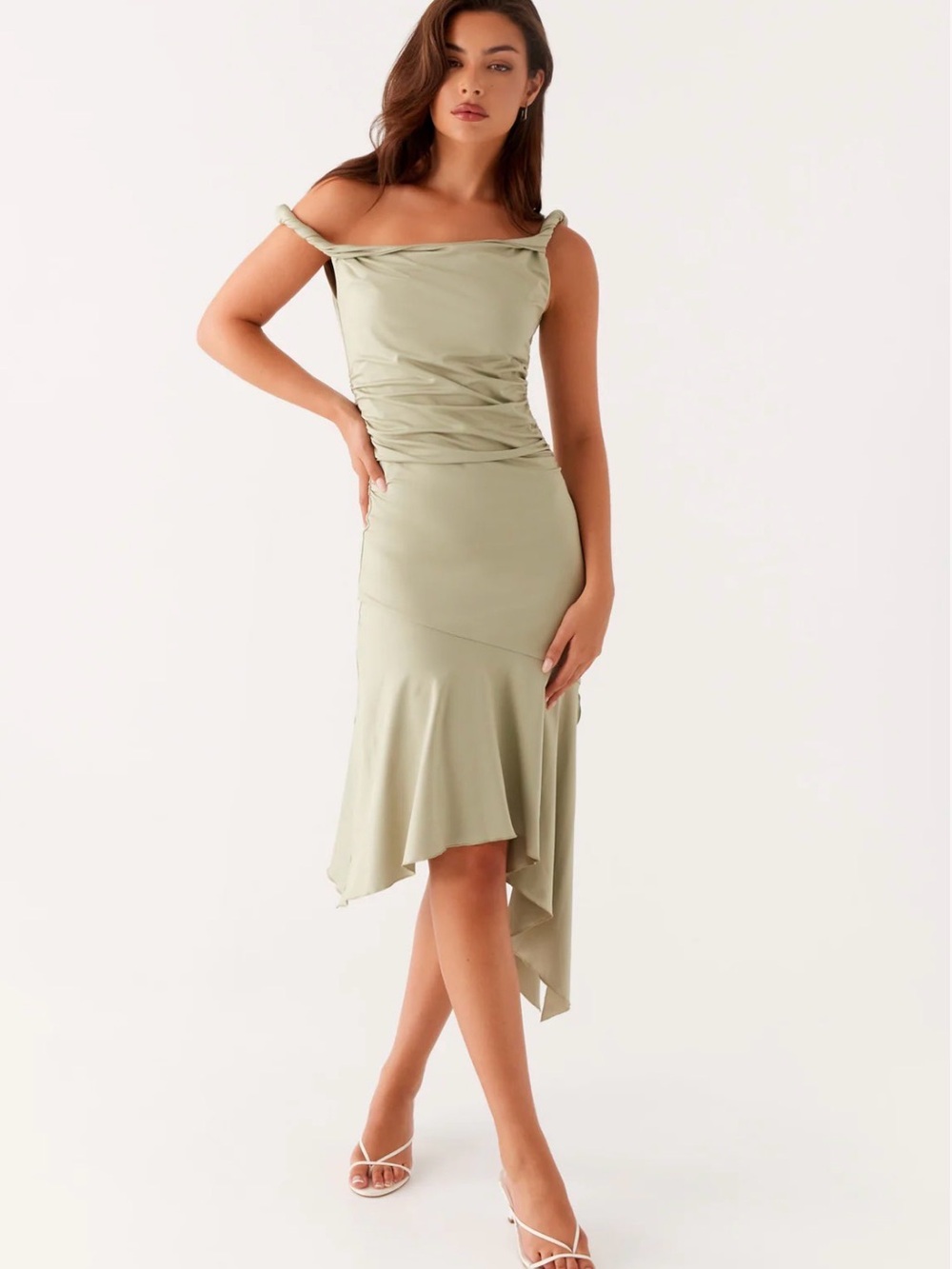 Peppermayo Off-Shoulder Sage Green Asymmetric Midi Dress